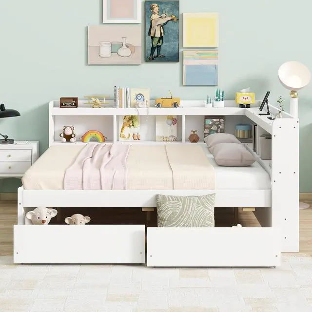 Alt view image 3 of 7 - Full Size L Shaped Daybed with Storage, Corner Day Bed with Drawers, Multi-Functional Full Bookcase Bed with Power Outlets, USB Charging Ports, for Adults and Kids Bedroom, White