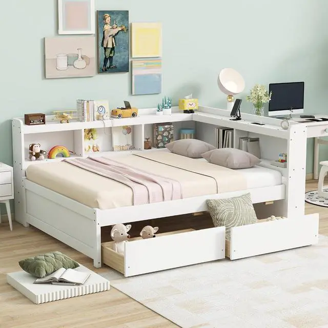 Alt view image 4 of 7 - Full Size L Shaped Daybed with Storage, Corner Day Bed with Drawers, Multi-Functional Full Bookcase Bed with Power Outlets, USB Charging Ports, for Adults and Kids Bedroom, White