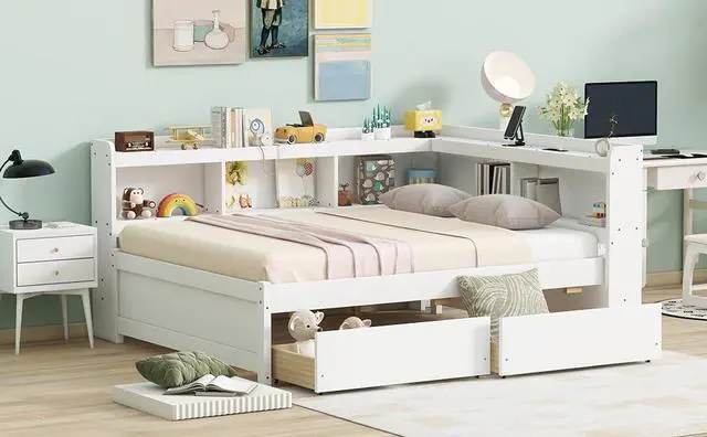 Alt view image 7 of 7 - Full Size L Shaped Daybed with Storage, Corner Day Bed with Drawers, Multi-Functional Full Bookcase Bed with Power Outlets, USB Charging Ports, for Adults and Kids Bedroom, White
