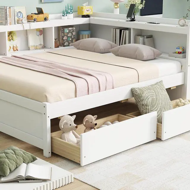 Alt view image 6 of 7 - Full Size L Shaped Daybed with Storage, Corner Day Bed with Drawers, Multi-Functional Full Bookcase Bed with Power Outlets, USB Charging Ports, for Adults and Kids Bedroom, White