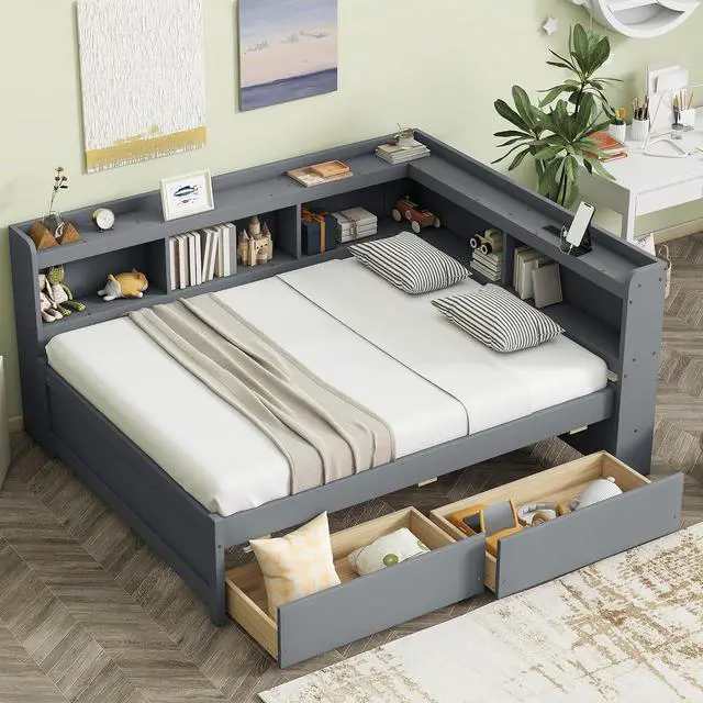 Main image of Full Size L Shaped Daybed with Storage, Corner Day Bed with Drawers, Multi-Functional Full Bookcase Bed with Power Outlets, USB Charging Ports, for Adults and Kids Bedroom, Grey