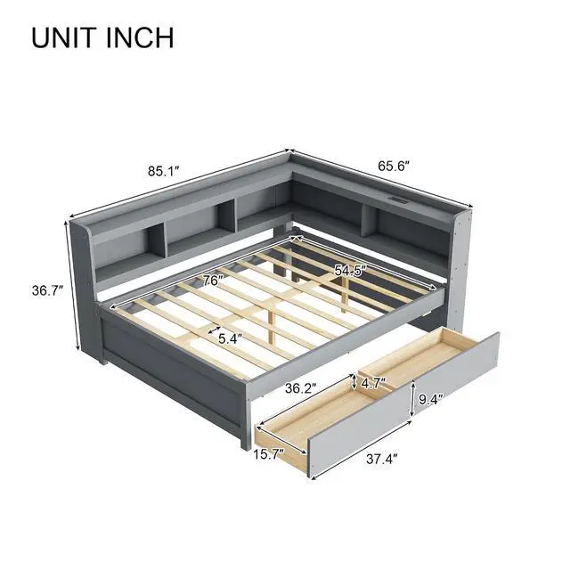 Alt view image 2 of 7 - Full Size L Shaped Daybed with Storage, Corner Day Bed with Drawers, Multi-Functional Full Bookcase Bed with Power Outlets, USB Charging Ports, for Adults and Kids Bedroom, Grey