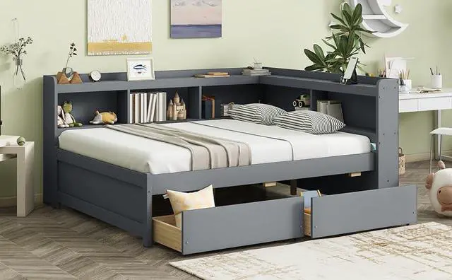 Alt view image 7 of 7 - Full Size L Shaped Daybed with Storage, Corner Day Bed with Drawers, Multi-Functional Full Bookcase Bed with Power Outlets, USB Charging Ports, for Adults and Kids Bedroom, Grey