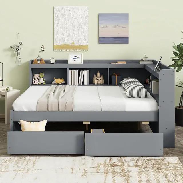 Alt view image 3 of 7 - Full Size L Shaped Daybed with Storage, Corner Day Bed with Drawers, Multi-Functional Full Bookcase Bed with Power Outlets, USB Charging Ports, for Adults and Kids Bedroom, Grey