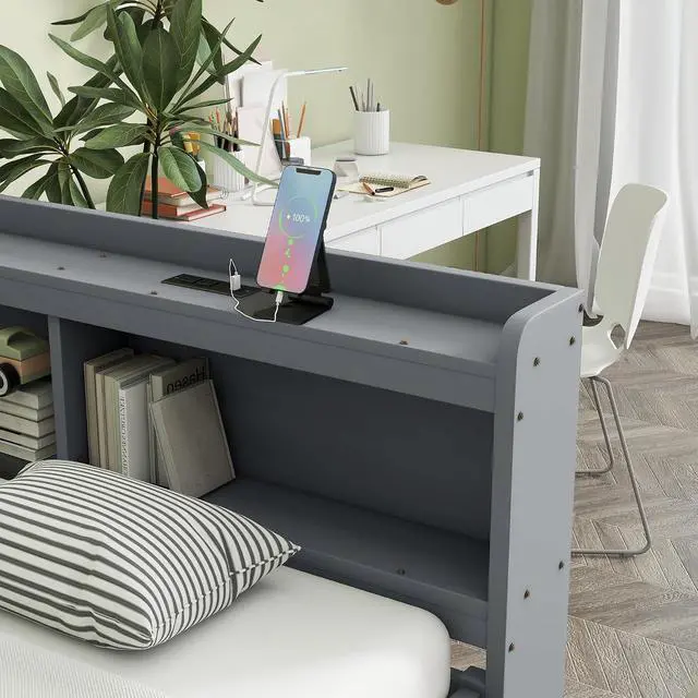 Alt view image 6 of 7 - Full Size L Shaped Daybed with Storage, Corner Day Bed with Drawers, Multi-Functional Full Bookcase Bed with Power Outlets, USB Charging Ports, for Adults and Kids Bedroom, Grey