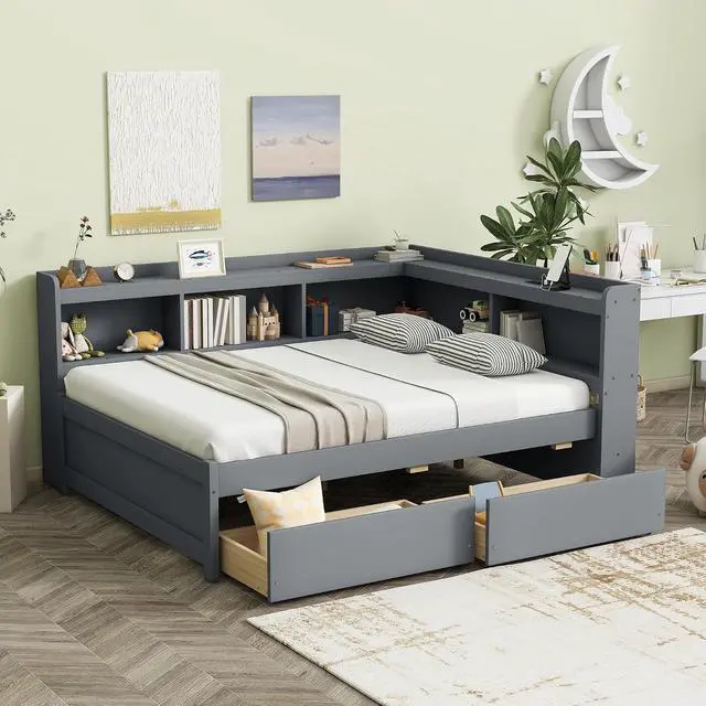 Alt view image 5 of 7 - Full Size L Shaped Daybed with Storage, Corner Day Bed with Drawers, Multi-Functional Full Bookcase Bed with Power Outlets, USB Charging Ports, for Adults and Kids Bedroom, Grey