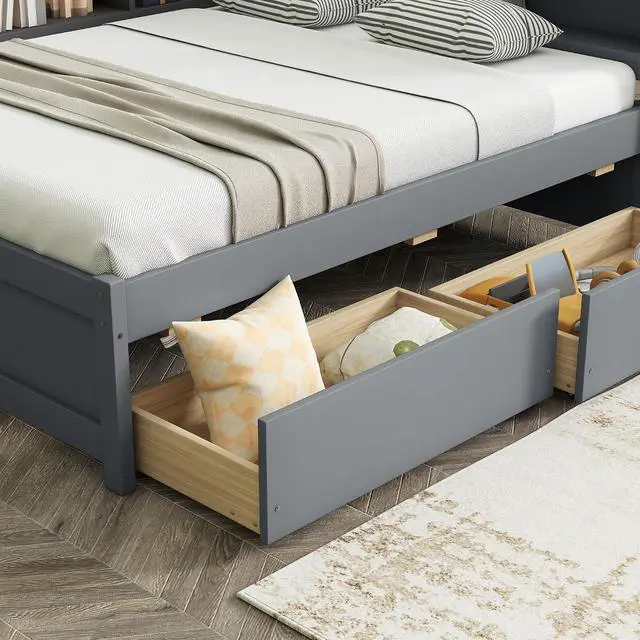 Alt view image 4 of 7 - Full Size L Shaped Daybed with Storage, Corner Day Bed with Drawers, Multi-Functional Full Bookcase Bed with Power Outlets, USB Charging Ports, for Adults and Kids Bedroom, Grey