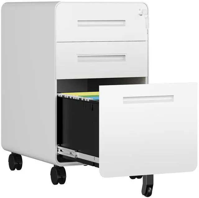 Main image of 3 Drawer File Cabinet, Fully Assembled Mobile File Cabinets with Lock for Home Office, Metal Rolling Filing Caninet on Wheels, Three Drawer Under Desk Cabnet for Letter/Legal / A4 - White