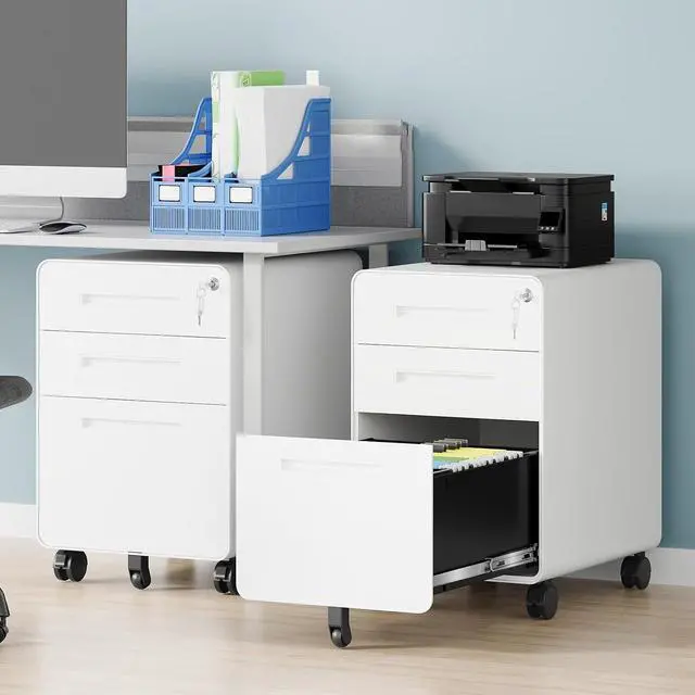 Alt view image 2 of 7 - 3 Drawer File Cabinet, Fully Assembled Mobile File Cabinets with Lock for Home Office, Metal Rolling Filing Caninet on Wheels, Three Drawer Under Desk Cabnet for Letter/Legal / A4 - White