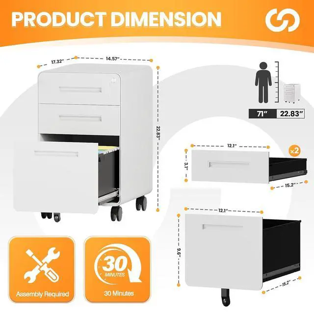 Alt view image 3 of 7 - 3 Drawer File Cabinet, Fully Assembled Mobile File Cabinets with Lock for Home Office, Metal Rolling Filing Caninet on Wheels, Three Drawer Under Desk Cabnet for Letter/Legal / A4 - White