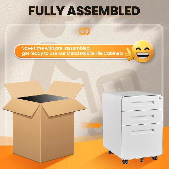 Alt view image 4 of 7 - 3 Drawer File Cabinet, Fully Assembled Mobile File Cabinets with Lock for Home Office, Metal Rolling Filing Caninet on Wheels, Three Drawer Under Desk Cabnet for Letter/Legal / A4 - White
