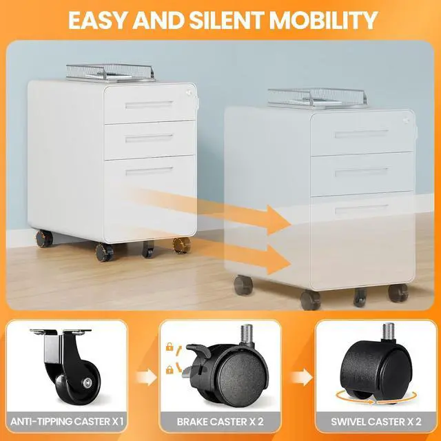 Alt view image 5 of 7 - 3 Drawer File Cabinet, Fully Assembled Mobile File Cabinets with Lock for Home Office, Metal Rolling Filing Caninet on Wheels, Three Drawer Under Desk Cabnet for Letter/Legal / A4 - White