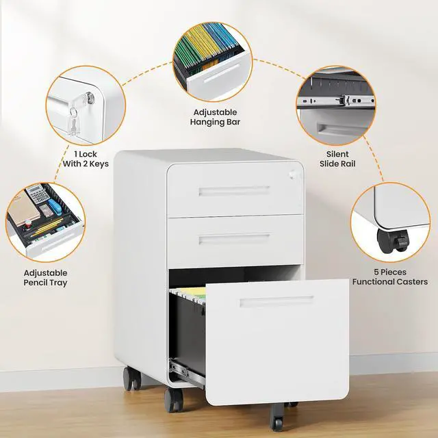 Alt view image 7 of 7 - 3 Drawer File Cabinet, Fully Assembled Mobile File Cabinets with Lock for Home Office, Metal Rolling Filing Caninet on Wheels, Three Drawer Under Desk Cabnet for Letter/Legal / A4 - White