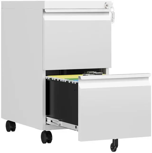 Main image of 2 Drawer Mobile File Cabinet, Fully Assembled File Cabinets with Lock, Metal Rolling Filing Caninet on Wheels, Small Two Drawer Under Desk Cabnet for Letter/Legal / A4 / File Box - White