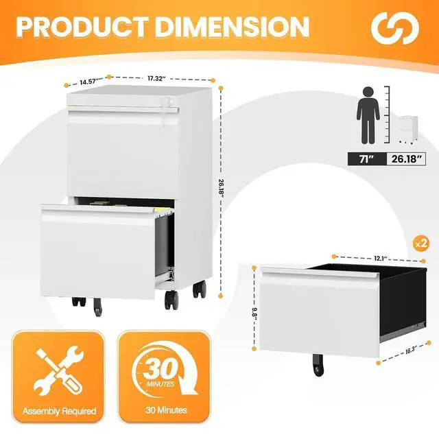 Alt view image 3 of 7 - 2 Drawer Mobile File Cabinet, Fully Assembled File Cabinets with Lock, Metal Rolling Filing Caninet on Wheels, Small Two Drawer Under Desk Cabnet for Letter/Legal / A4 / File Box - White