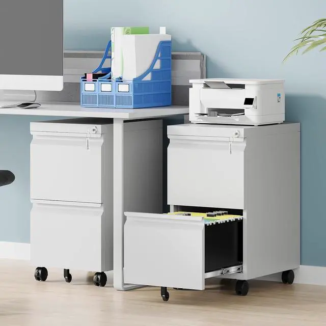 Alt view image 2 of 7 - 2 Drawer Mobile File Cabinet, Fully Assembled File Cabinets with Lock, Metal Rolling Filing Caninet on Wheels, Small Two Drawer Under Desk Cabnet for Letter/Legal / A4 / File Box - White