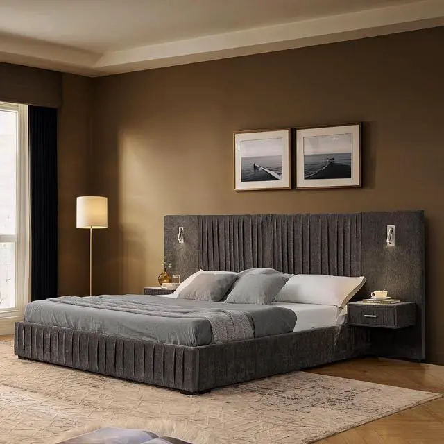 Main image of Queen Chenille Upholstered Bed with Bedside Table and Reading Lights, Comfy Floor Platform Bed with Wide Headboard, Luxury Double Bed with Nightstand Drawer, No Box Spring Needed, Dark Grey