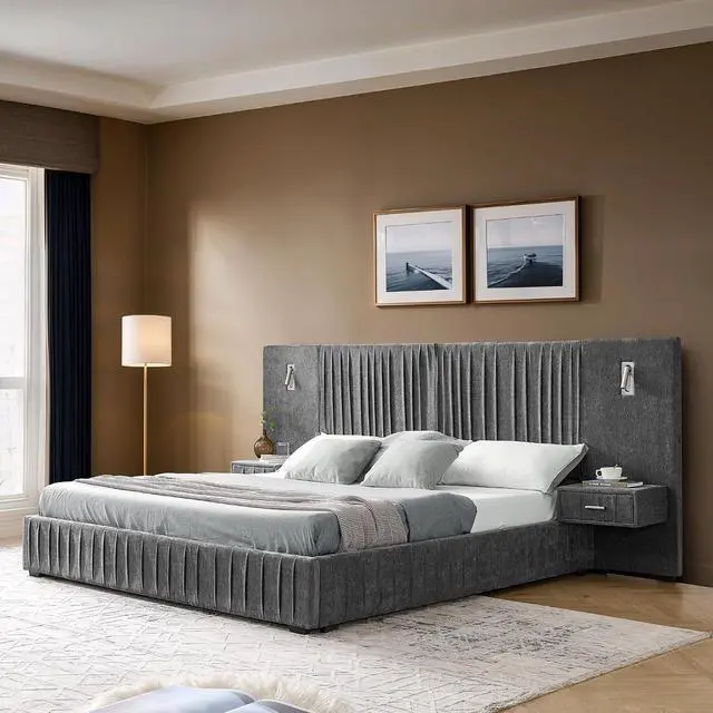 Alt view image 2 of 7 - Queen Chenille Upholstered Bed with Bedside Table and Reading Lights, Comfy Floor Platform Bed with Wide Headboard, Luxury Double Bed with Nightstand Drawer, No Box Spring Needed, Dark Grey