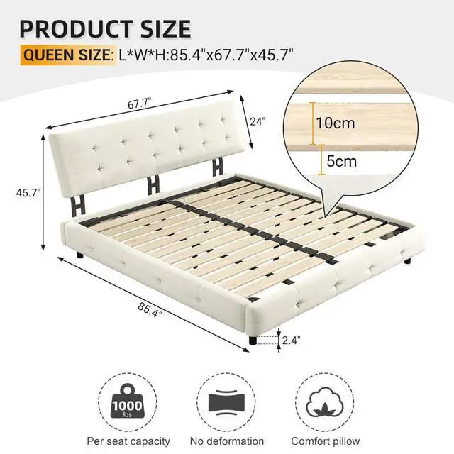 Alt view image 2 of 7 - Tufted Queen Size Bed Frame with Cloud Pillow Headboard, Chenille Ultra-Soft Upholstered Bed with Extra-Large Headboard, Platform Double Bed with Metal and Wood Slats Support, Noise-Free, Beige