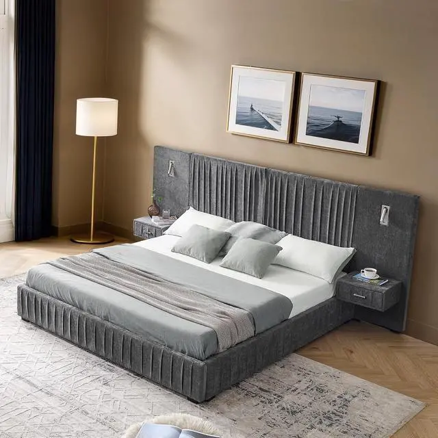 Alt view image 4 of 7 - Queen Chenille Upholstered Bed with Bedside Table and Reading Lights, Comfy Floor Platform Bed with Wide Headboard, Luxury Double Bed with Nightstand Drawer, No Box Spring Needed, Dark Grey