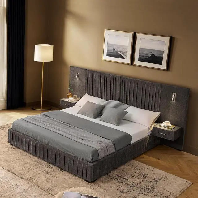 Alt view image 3 of 7 - Queen Chenille Upholstered Bed with Bedside Table and Reading Lights, Comfy Floor Platform Bed with Wide Headboard, Luxury Double Bed with Nightstand Drawer, No Box Spring Needed, Dark Grey