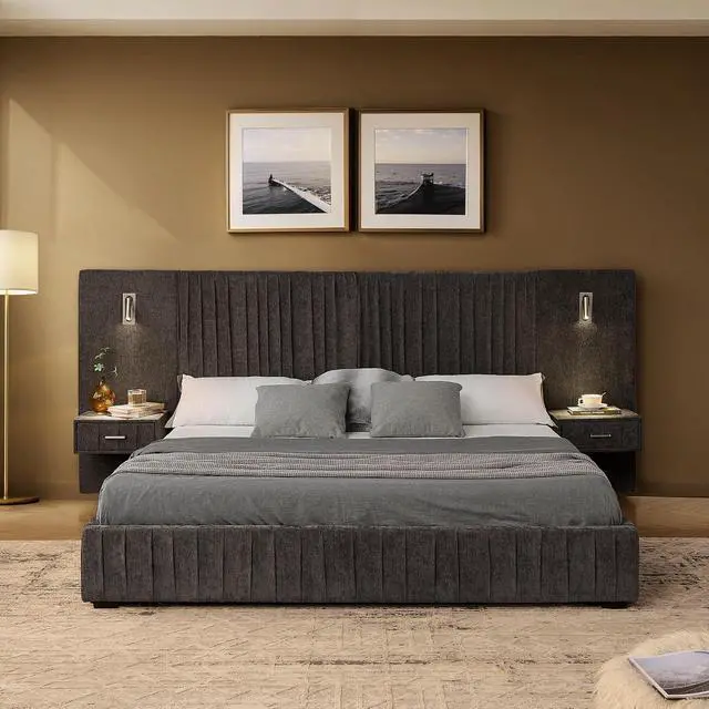 Alt view image 5 of 7 - Queen Chenille Upholstered Bed with Bedside Table and Reading Lights, Comfy Floor Platform Bed with Wide Headboard, Luxury Double Bed with Nightstand Drawer, No Box Spring Needed, Dark Grey