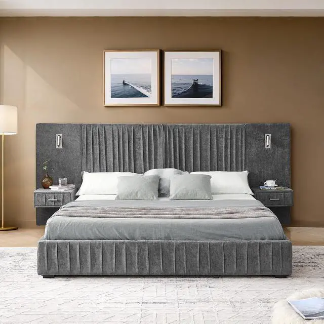 Alt view image 6 of 7 - Queen Chenille Upholstered Bed with Bedside Table and Reading Lights, Comfy Floor Platform Bed with Wide Headboard, Luxury Double Bed with Nightstand Drawer, No Box Spring Needed, Dark Grey
