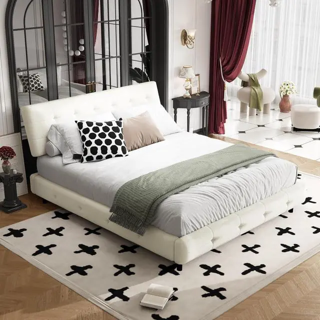 Main image of Tufted Queen Size Bed Frame with Cloud Pillow Headboard, Chenille Ultra-Soft Upholstered Bed with Extra-Large Headboard, Platform Double Bed with Metal and Wood Slats Support, Noise-Free, Beige