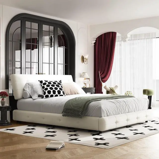 Alt view image 3 of 7 - Tufted Queen Size Bed Frame with Cloud Pillow Headboard, Chenille Ultra-Soft Upholstered Bed with Extra-Large Headboard, Platform Double Bed with Metal and Wood Slats Support, Noise-Free, Beige