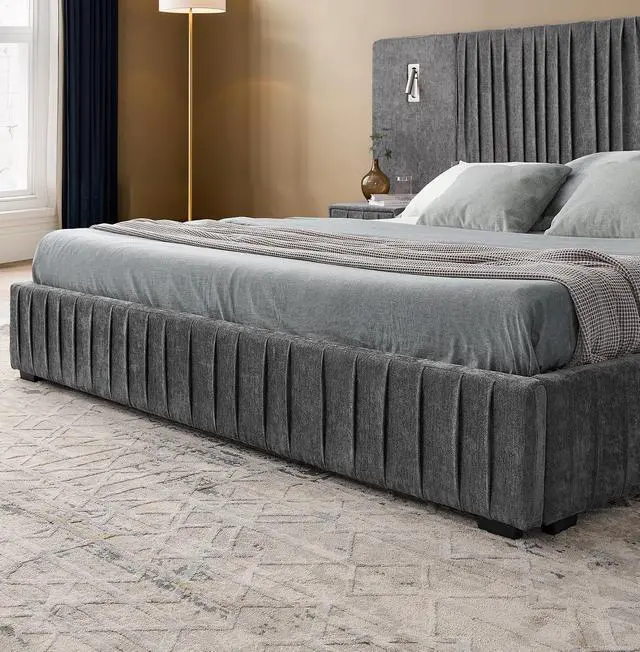 Alt view image 7 of 7 - Queen Chenille Upholstered Bed with Bedside Table and Reading Lights, Comfy Floor Platform Bed with Wide Headboard, Luxury Double Bed with Nightstand Drawer, No Box Spring Needed, Dark Grey