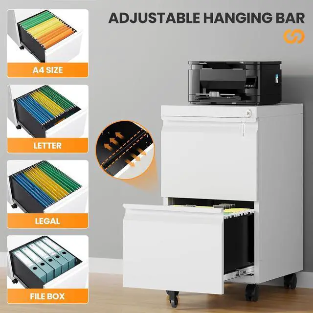 Alt view image 4 of 7 - 2 Drawer Mobile File Cabinet, Fully Assembled File Cabinets with Lock, Metal Rolling Filing Caninet on Wheels, Small Two Drawer Under Desk Cabnet for Letter/Legal / A4 / File Box - White