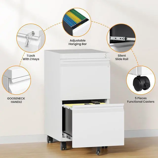 Alt view image 6 of 7 - 2 Drawer Mobile File Cabinet, Fully Assembled File Cabinets with Lock, Metal Rolling Filing Caninet on Wheels, Small Two Drawer Under Desk Cabnet for Letter/Legal / A4 / File Box - White