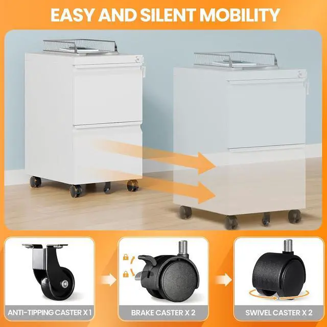Alt view image 5 of 7 - 2 Drawer Mobile File Cabinet, Fully Assembled File Cabinets with Lock, Metal Rolling Filing Caninet on Wheels, Small Two Drawer Under Desk Cabnet for Letter/Legal / A4 / File Box - White