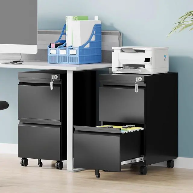 Alt view image 2 of 7 - 2 Drawer File Cabinet, Fully Assembled Mobile File Cabinets with Lock, Metal Rolling Filing Caninet on Wheels, Small Two Drawer Under Desk Cabnet for Letter/Legal / A4 / File Box - Black