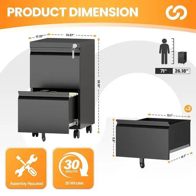 Alt view image 3 of 7 - 2 Drawer File Cabinet, Fully Assembled Mobile File Cabinets with Lock, Metal Rolling Filing Caninet on Wheels, Small Two Drawer Under Desk Cabnet for Letter/Legal / A4 / File Box - Black