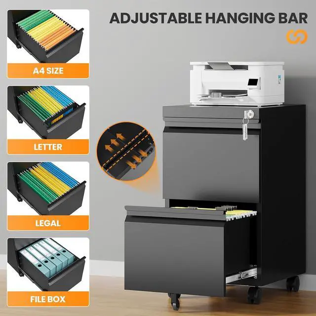 Alt view image 5 of 7 - 2 Drawer File Cabinet, Fully Assembled Mobile File Cabinets with Lock, Metal Rolling Filing Caninet on Wheels, Small Two Drawer Under Desk Cabnet for Letter/Legal / A4 / File Box - Black