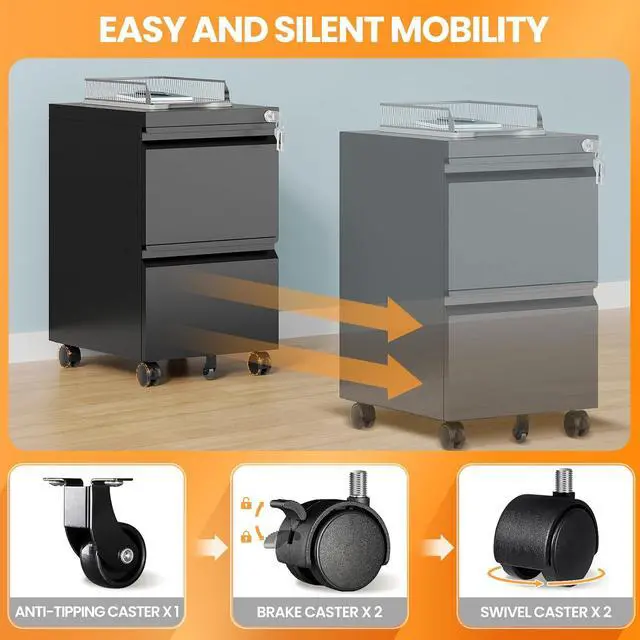 Alt view image 6 of 7 - 2 Drawer File Cabinet, Fully Assembled Mobile File Cabinets with Lock, Metal Rolling Filing Caninet on Wheels, Small Two Drawer Under Desk Cabnet for Letter/Legal / A4 / File Box - Black