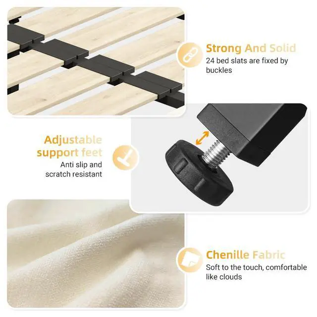 Alt view image 7 of 7 - Tufted Queen Size Bed Frame with Cloud Pillow Headboard, Chenille Ultra-Soft Upholstered Bed with Extra-Large Headboard, Platform Double Bed with Metal and Wood Slats Support, Noise-Free, Beige