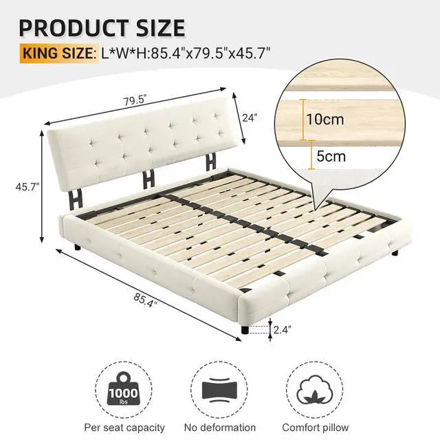 Alt view image 2 of 7 - Tufted King Size Bed Frame with Cloud Pillow Headboard, Chenille Ultra-Soft Upholstered Bed with Extra-Large Headboard, Platform Double Bed with Metal and Wood Slats Support, Noise-Free, Beige
