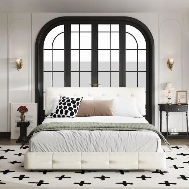 Alt view image 4 of 7 - Tufted Queen Size Bed Frame with Cloud Pillow Headboard, Chenille Ultra-Soft Upholstered Bed with Extra-Large Headboard, Platform Double Bed with Metal and Wood Slats Support, Noise-Free, Beige