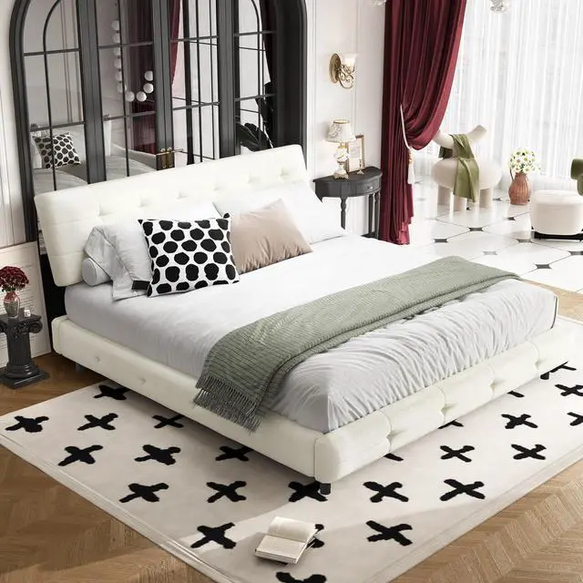 Main image of Tufted King Size Bed Frame with Cloud Pillow Headboard, Chenille Ultra-Soft Upholstered Bed with Extra-Large Headboard, Platform Double Bed with Metal and Wood Slats Support, Noise-Free, Beige
