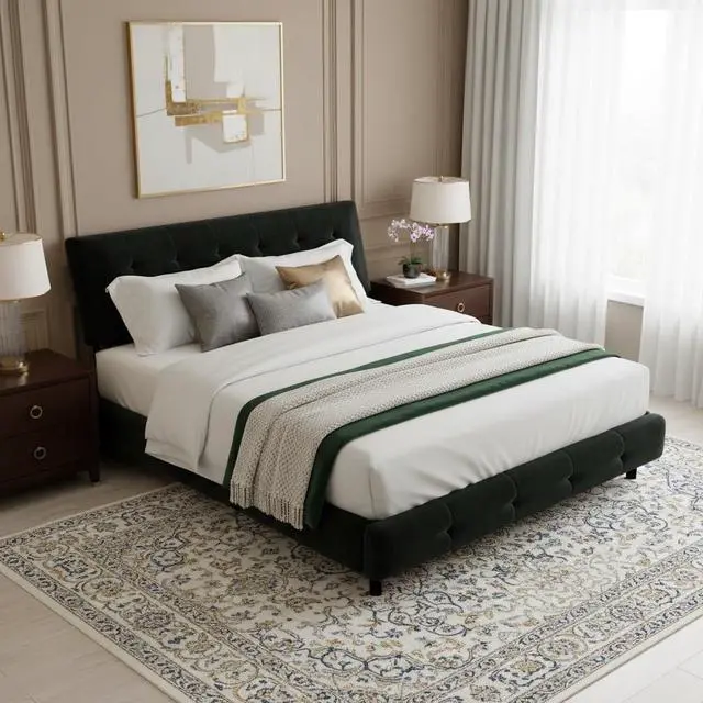 Main image of Tufted Queen Size Bed Frame with Cloud Pillow Headboard, Chenille Ultra-Soft Upholstered Bed with Extra-Large Headboard, Platform Double Bed with Metal and Wood Slats Support, Noise-Free, Black
