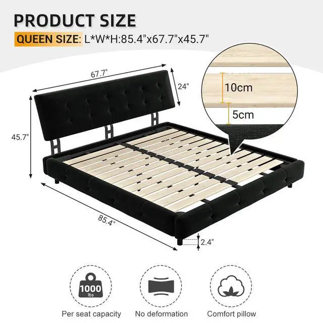Alt view image 2 of 7 - Tufted Queen Size Bed Frame with Cloud Pillow Headboard, Chenille Ultra-Soft Upholstered Bed with Extra-Large Headboard, Platform Double Bed with Metal and Wood Slats Support, Noise-Free, Black