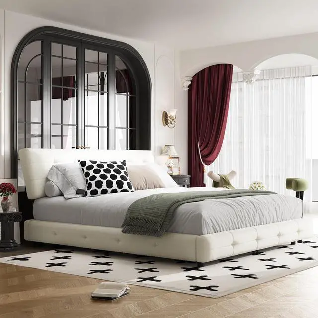 Alt view image 3 of 7 - Tufted King Size Bed Frame with Cloud Pillow Headboard, Chenille Ultra-Soft Upholstered Bed with Extra-Large Headboard, Platform Double Bed with Metal and Wood Slats Support, Noise-Free, Beige