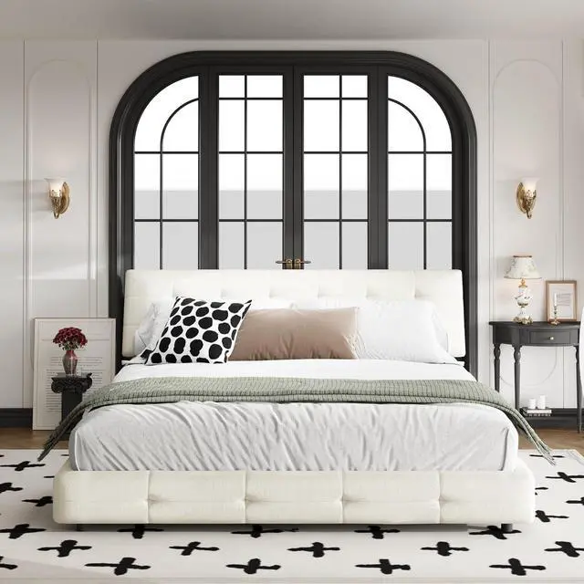Alt view image 4 of 7 - Tufted King Size Bed Frame with Cloud Pillow Headboard, Chenille Ultra-Soft Upholstered Bed with Extra-Large Headboard, Platform Double Bed with Metal and Wood Slats Support, Noise-Free, Beige