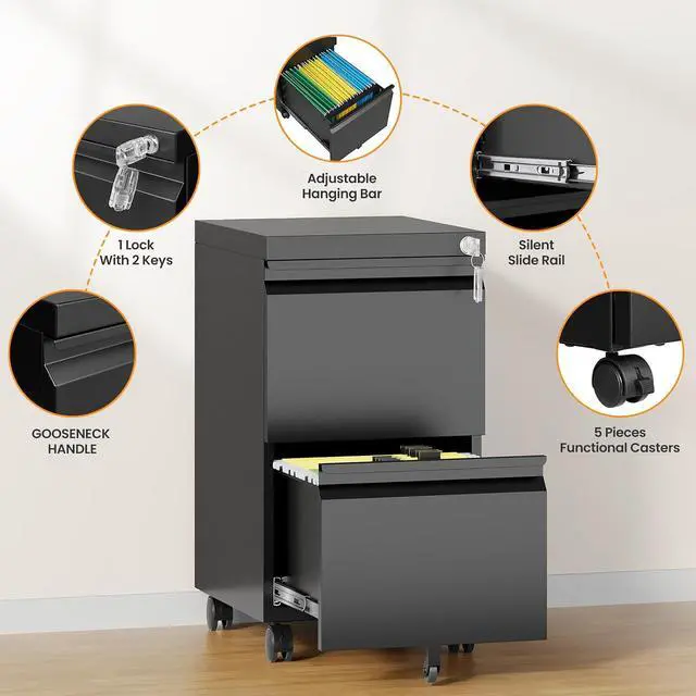 Alt view image 7 of 7 - 2 Drawer File Cabinet, Fully Assembled Mobile File Cabinets with Lock, Metal Rolling Filing Caninet on Wheels, Small Two Drawer Under Desk Cabnet for Letter/Legal / A4 / File Box - Black
