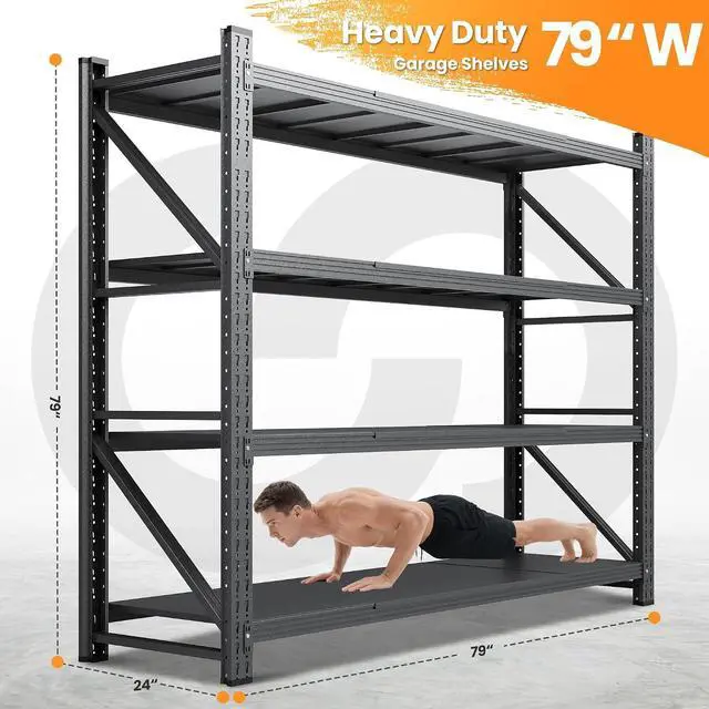 Alt view image 2 of 7 - 79W Garage Shelving Heavy Duty, 6000LBS Metal Storage Shelves, 24 Deep Storage rack shelf, Steel Tall Industrial Shelving , 4 Tier Adjustable Standing Shelf for Warehouse / Shop 79"W x 24"D x 79"H