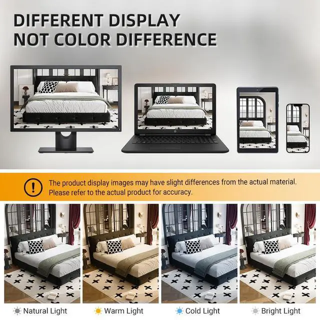 Alt view image 5 of 7 - Tufted Queen Size Bed Frame with Cloud Pillow Headboard, Chenille Ultra-Soft Upholstered Bed with Extra-Large Headboard, Platform Double Bed with Metal and Wood Slats Support, Noise-Free, Black