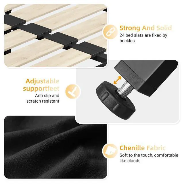 Alt view image 6 of 7 - Tufted Queen Size Bed Frame with Cloud Pillow Headboard, Chenille Ultra-Soft Upholstered Bed with Extra-Large Headboard, Platform Double Bed with Metal and Wood Slats Support, Noise-Free, Black