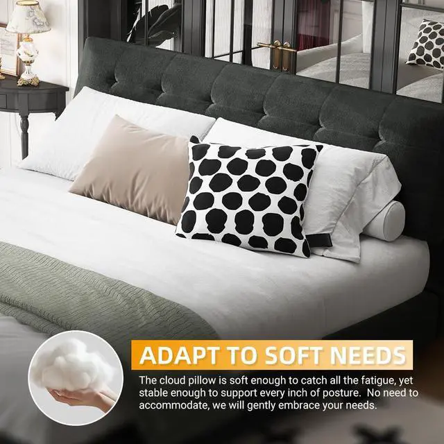Alt view image 7 of 7 - Tufted Queen Size Bed Frame with Cloud Pillow Headboard, Chenille Ultra-Soft Upholstered Bed with Extra-Large Headboard, Platform Double Bed with Metal and Wood Slats Support, Noise-Free, Black